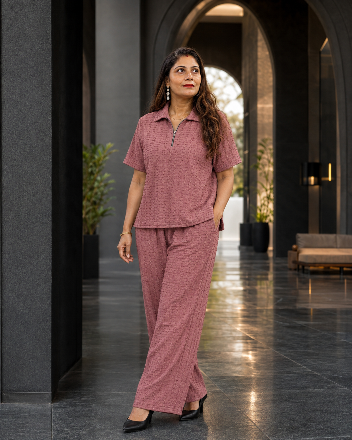 Dusty pink Textured Co-Ord Set for Women | Collared Top & Wide-Leg Pants