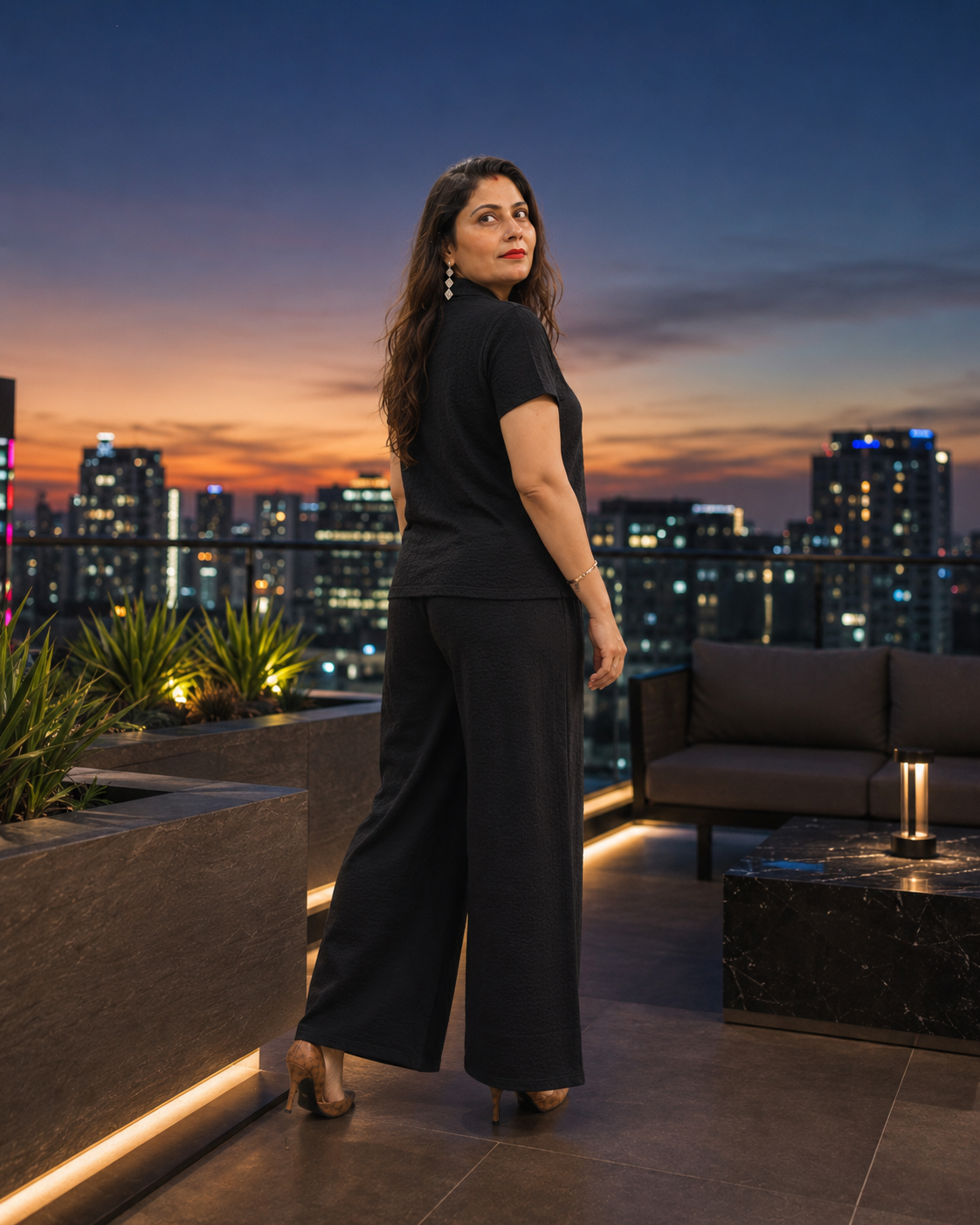Black Textured Co-Ord Set for Women | Collared Top & Wide-Leg Pants
