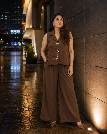 Brown Collared Gold-Button Co-Ord Set with Wide-Leg Pants