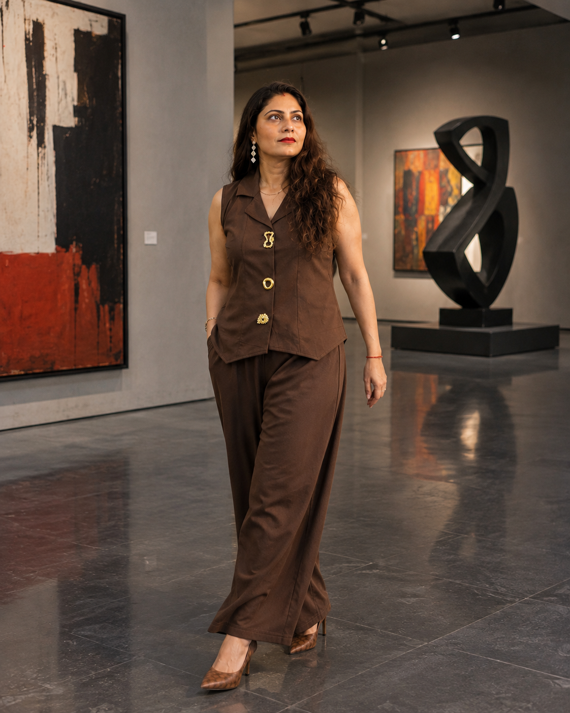 Brown Collared Gold-Button Co-Ord Set with Wide-Leg Pants