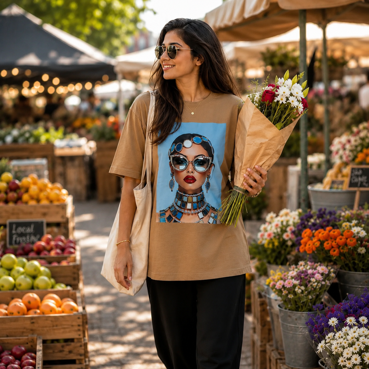 Azure Muse Mocha Oversized Graphic T-Shirt