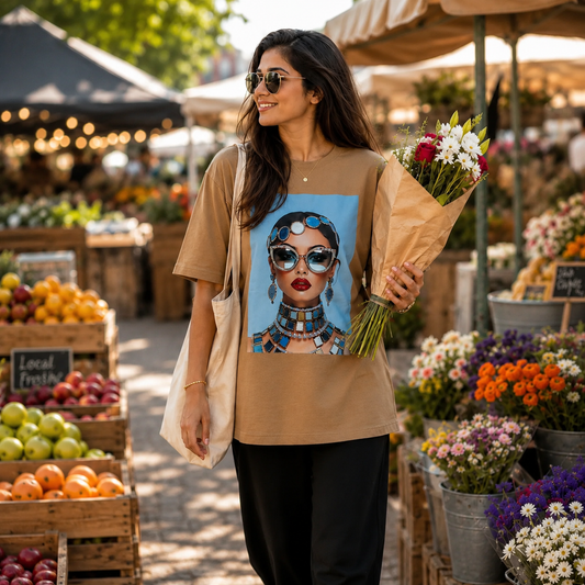 Azure Muse Mocha Oversized Graphic T-Shirt