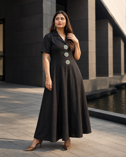 Black Embellished A-Line Maxi Dress with Statement Front Details