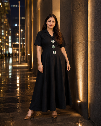 Black Embellished A-Line Maxi Dress with Statement Front Details