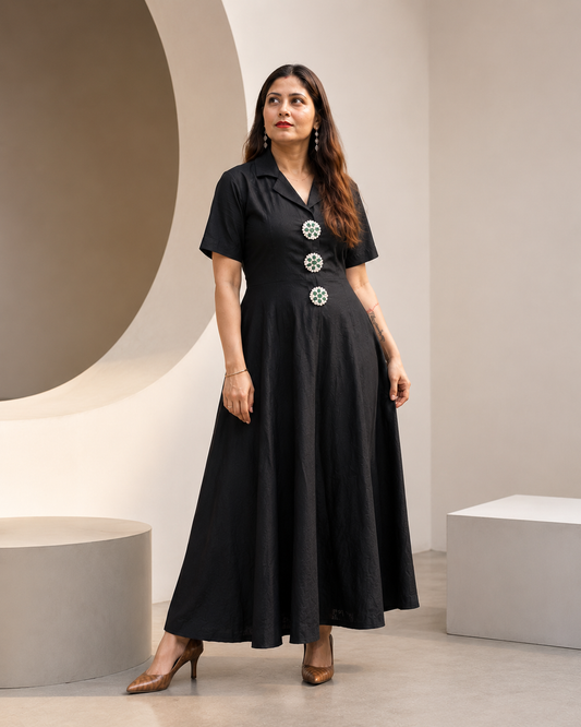 Black Embellished A-Line Maxi Dress with Statement Front Details