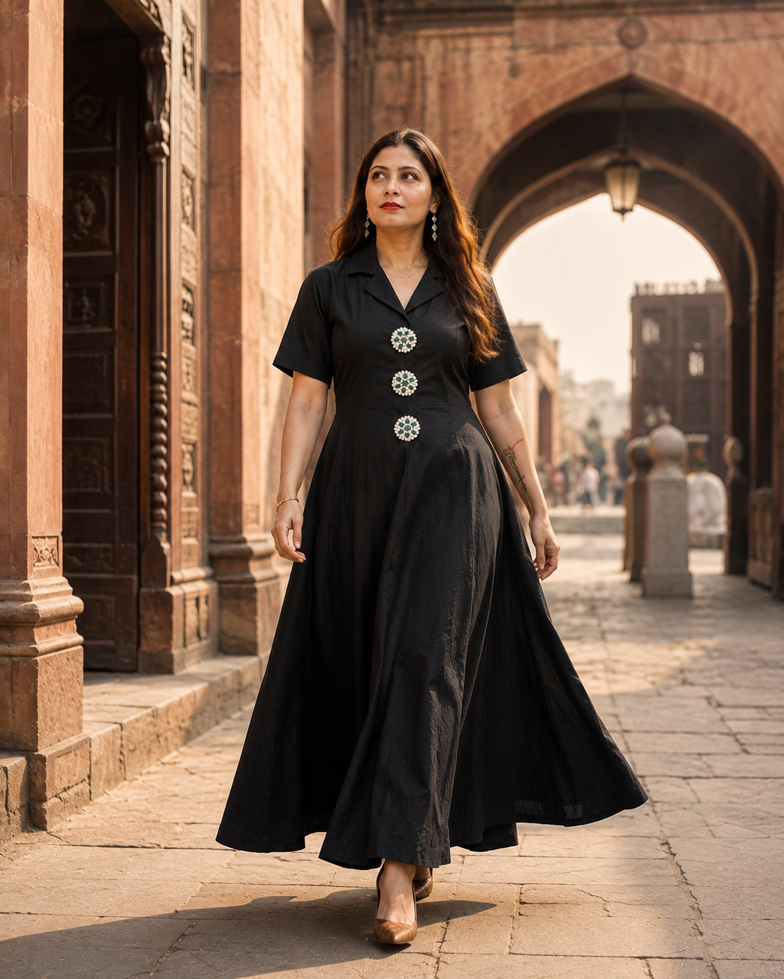 Black Embellished A-Line Maxi Dress with Statement Front Details
