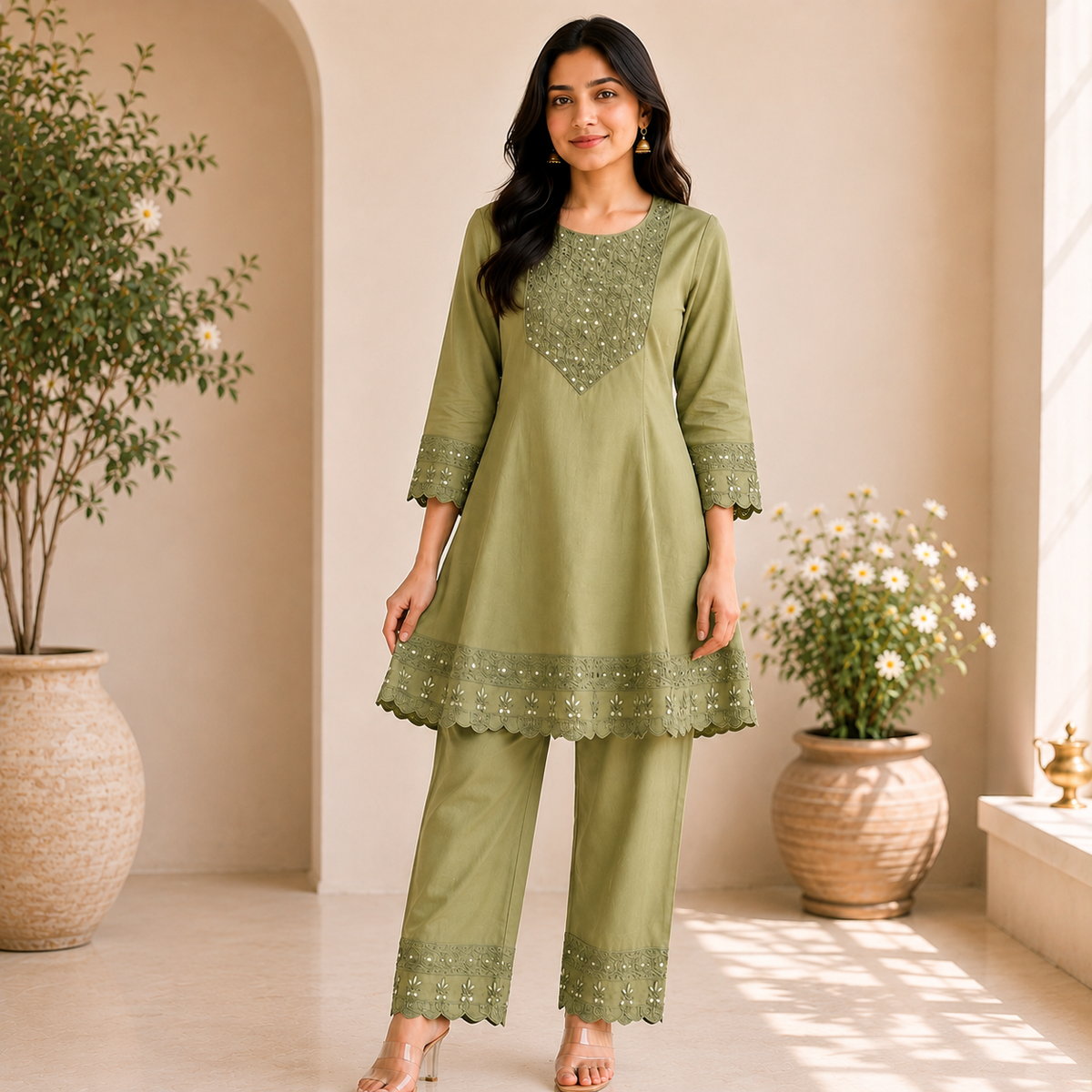 Olive Green Embroidered Co-Ord Set