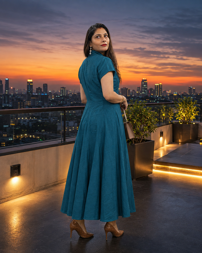 TEAL Embellished A-Line Maxi Dress with Statement Front Details