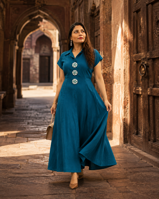 TEAL Embellished A-Line Maxi Dress with Statement Front Details
