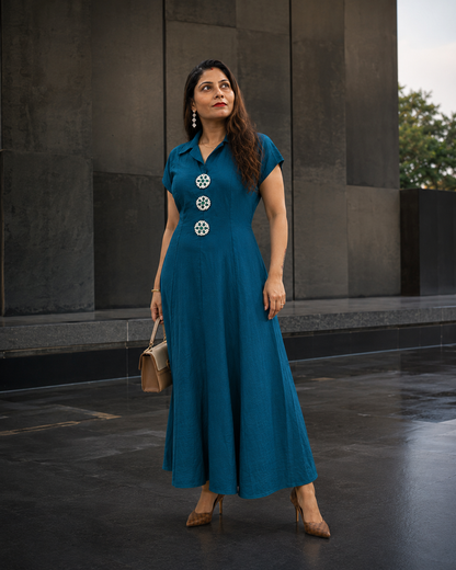 TEAL Embellished A-Line Maxi Dress with Statement Front Details