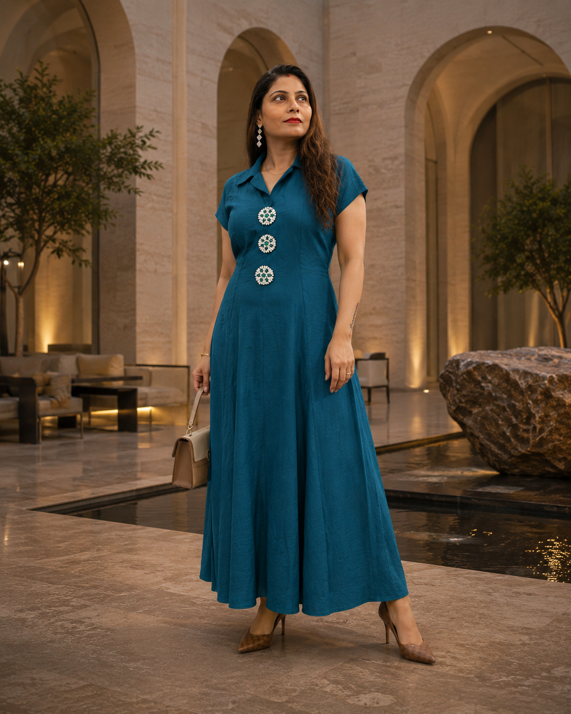 TEAL Embellished A-Line Maxi Dress with Statement Front Details