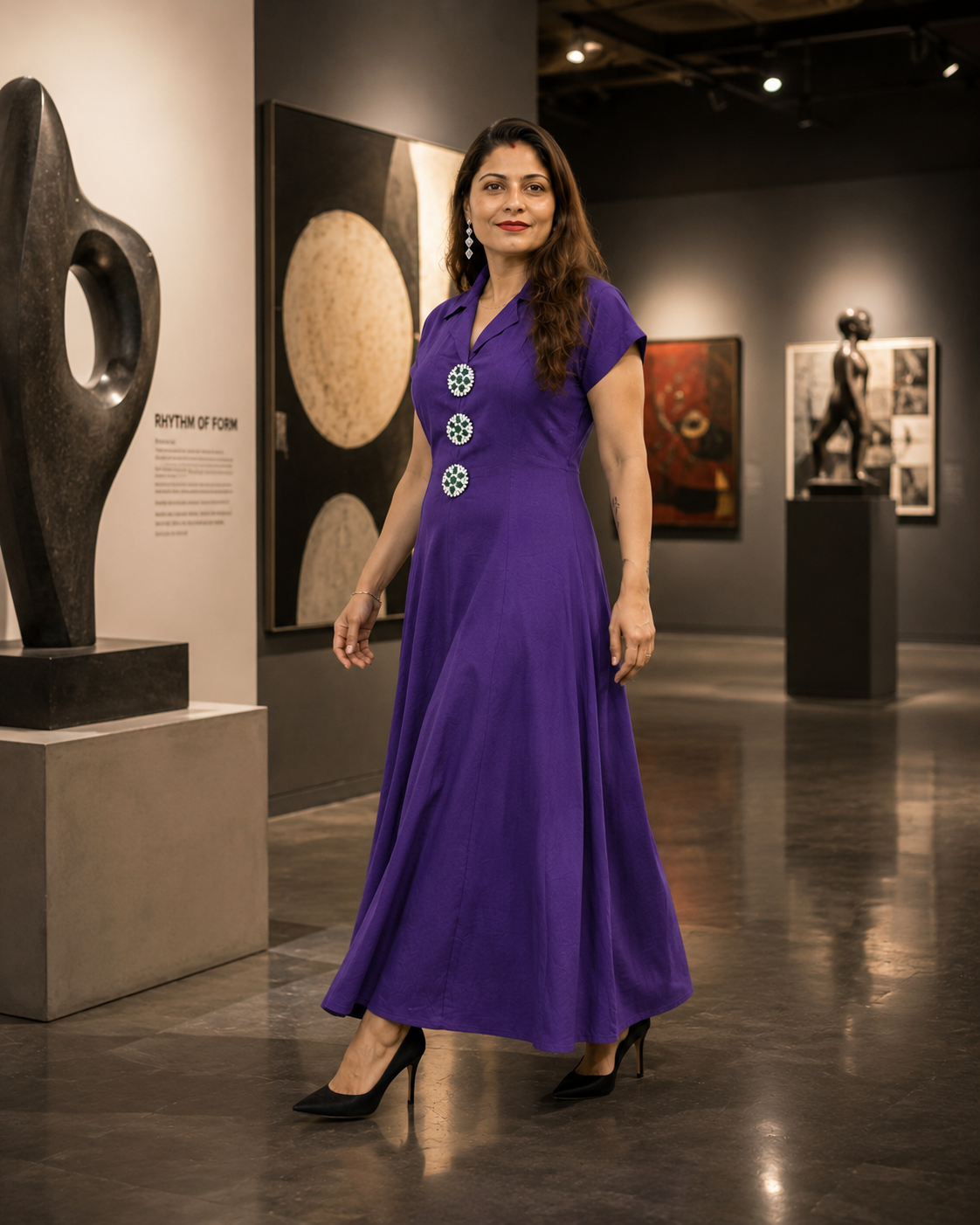 Purple Embellished A-Line Maxi Dress with Statement Front Details