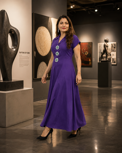 Purple Embellished A-Line Maxi Dress with Statement Front Details