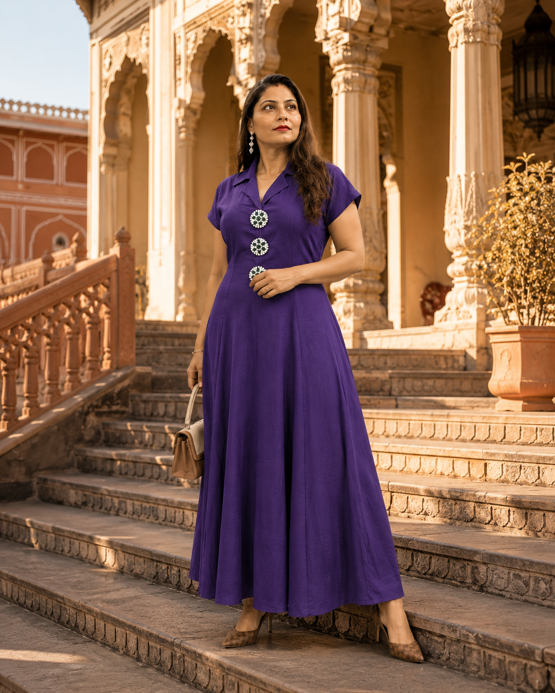 Purple Embellished A-Line Maxi Dress with Statement Front Details