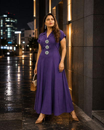Purple Embellished A-Line Maxi Dress with Statement Front Details