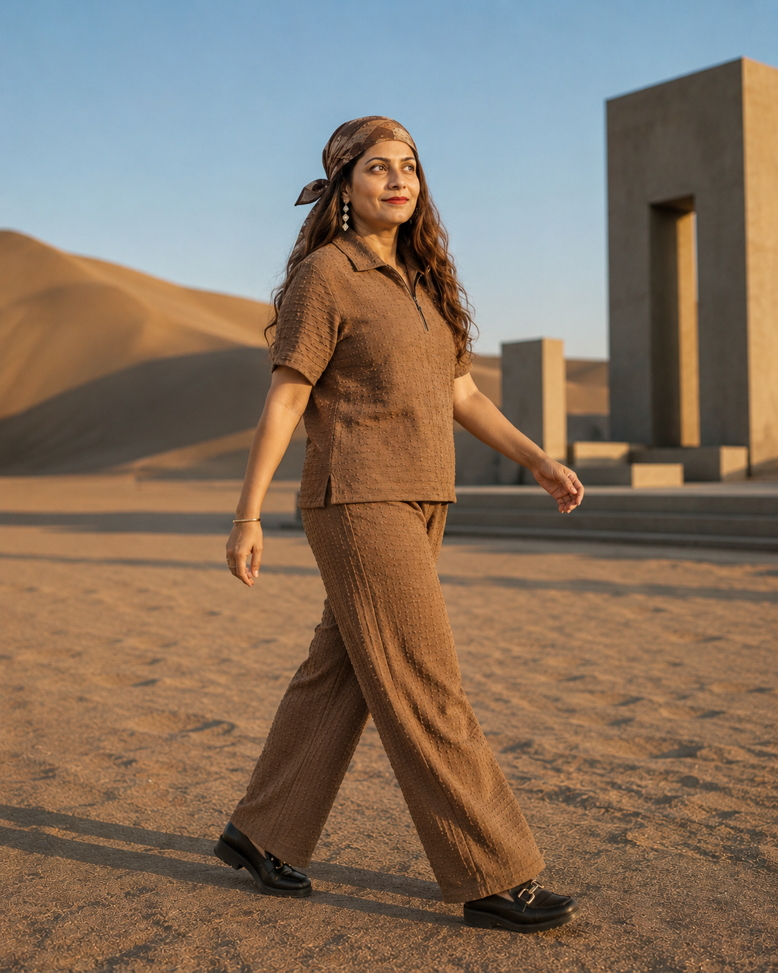 Brown Textured Co-Ord Set for Women | Collared Top & Wide-Leg Pants