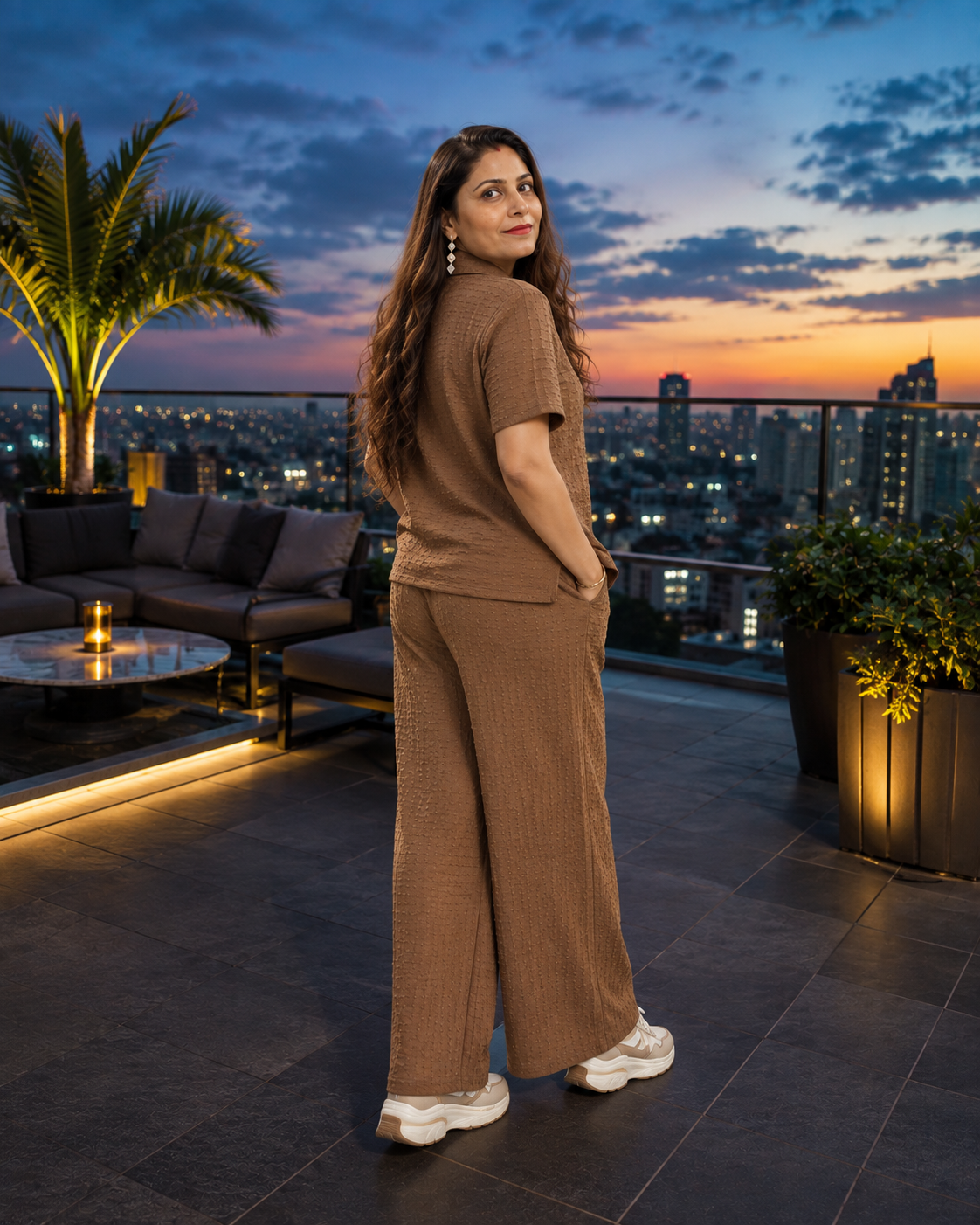 Brown Textured Co-Ord Set for Women | Collared Top & Wide-Leg Pants