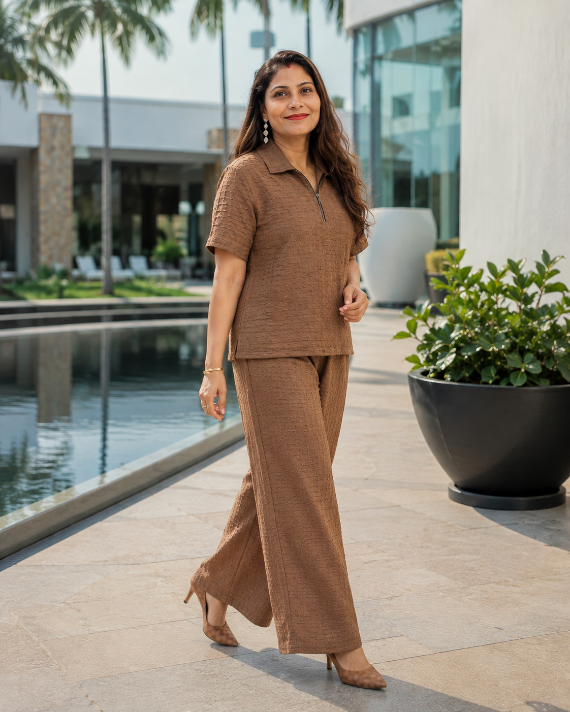 Brown Textured Co-Ord Set for Women | Collared Top & Wide-Leg Pants