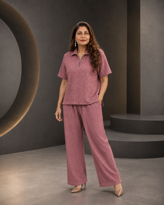 Dusty pink Textured Co-Ord Set for Women | Collared Top & Wide-Leg Pants