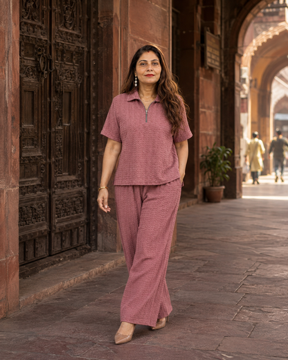 Dusty pink Textured Co-Ord Set for Women | Collared Top & Wide-Leg Pants