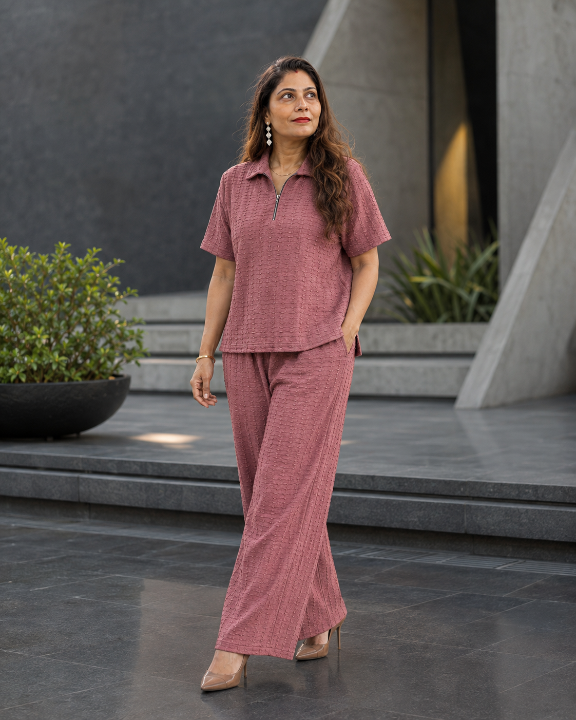 Dusty pink Textured Co-Ord Set for Women | Collared Top & Wide-Leg Pants