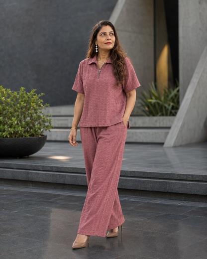 Dusty pink Textured Co-Ord Set for Women | Collared Top & Wide-Leg Pants