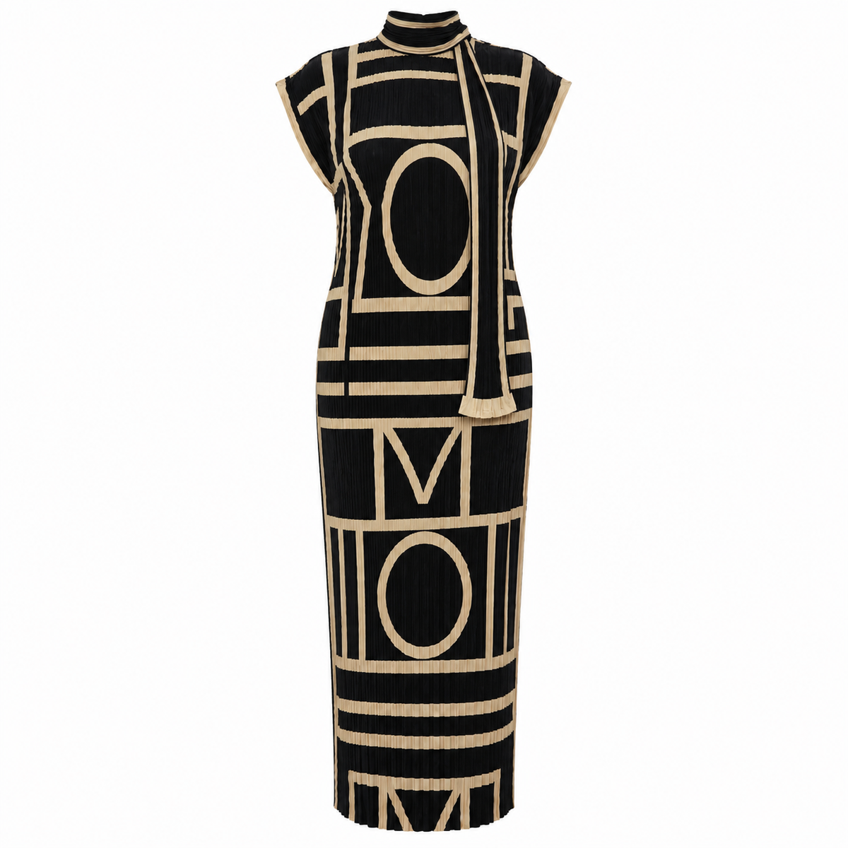 Black & Beige Geometric Pattern Magic Dress With Scarf