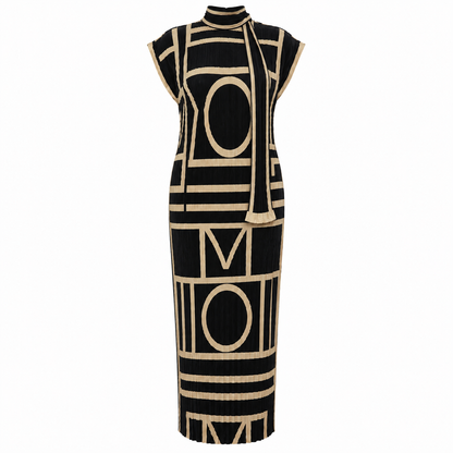 Black & Beige Geometric Pattern Magic Dress With Scarf