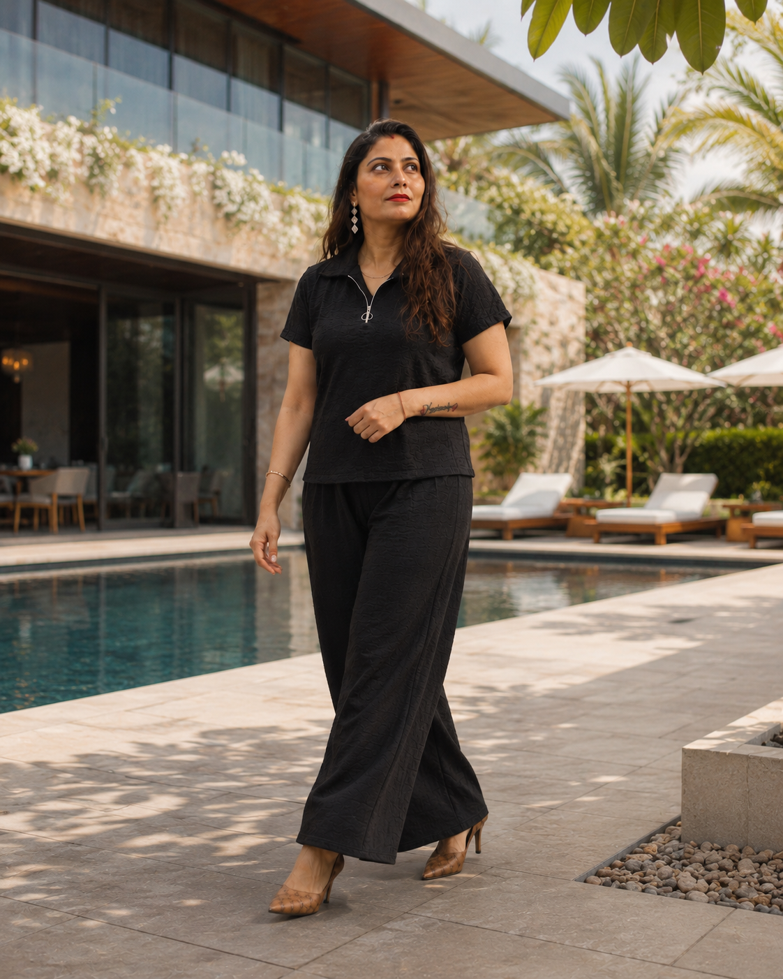 Black Textured Co-Ord Set for Women | Collared Top & Wide-Leg Pants
