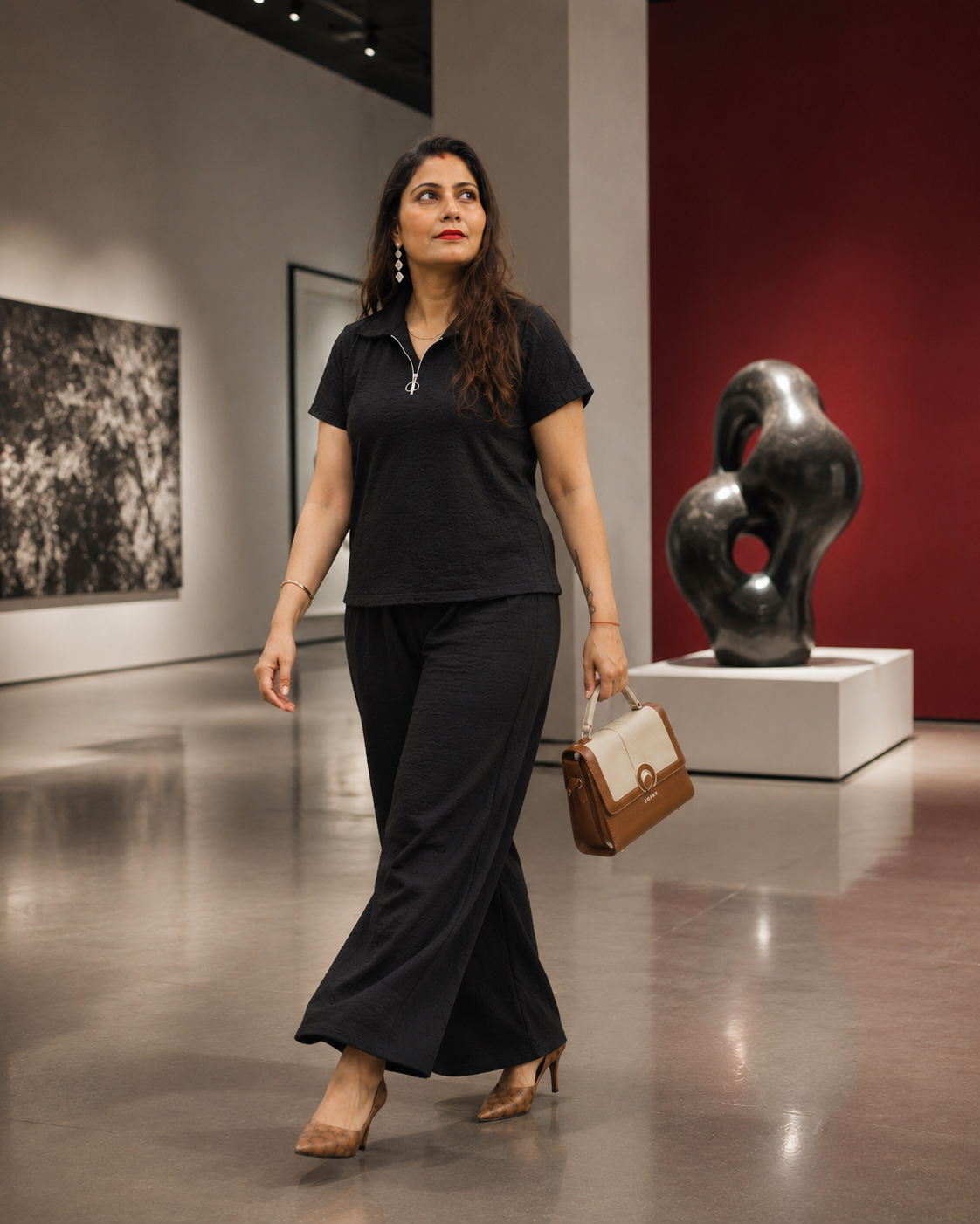 Black Textured Co-Ord Set for Women | Collared Top & Wide-Leg Pants