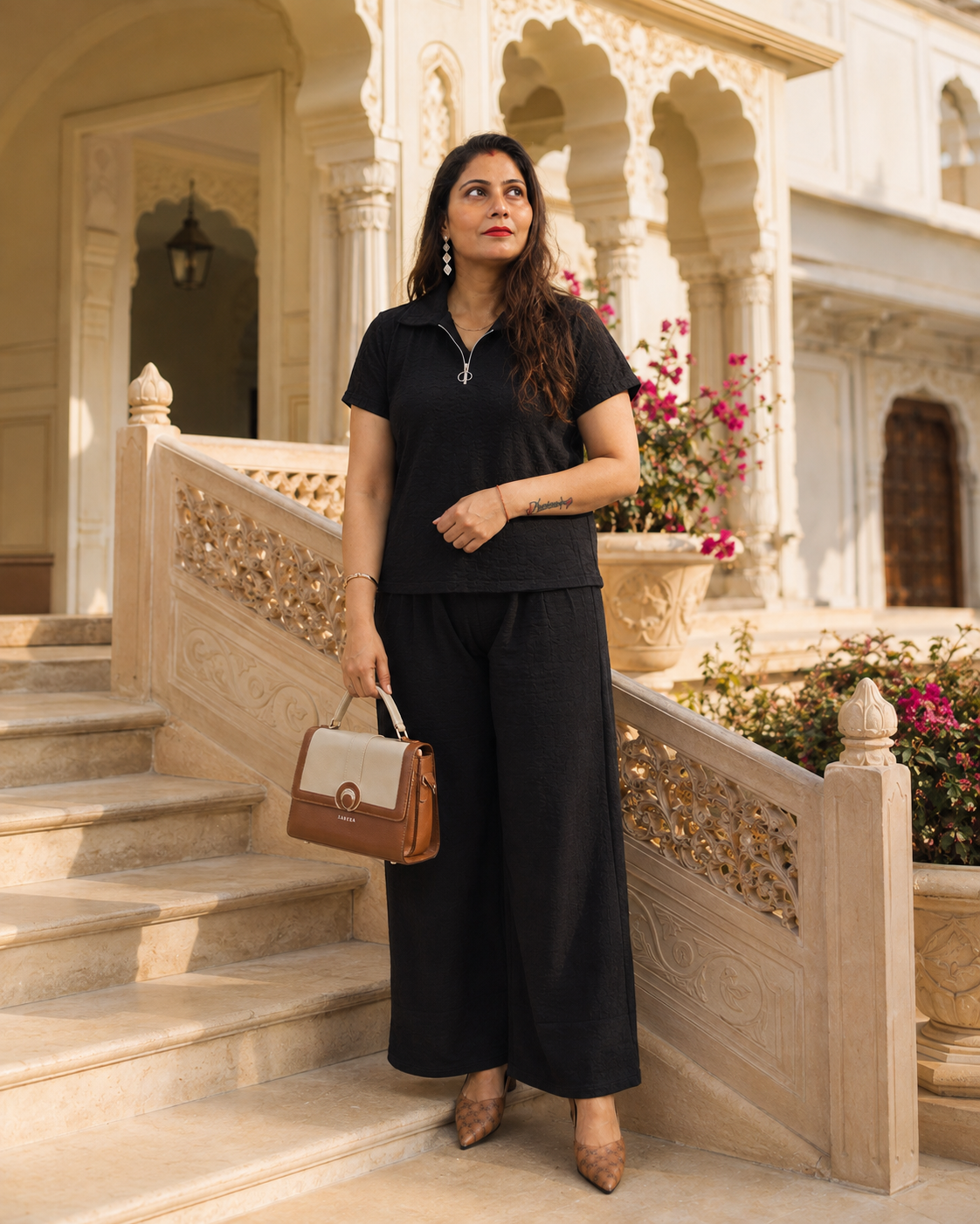 Black Textured Co-Ord Set for Women | Collared Top & Wide-Leg Pants