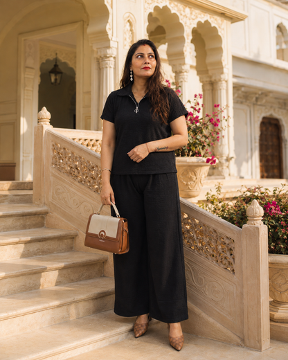 Black Textured Co-Ord Set for Women | Collared Top & Wide-Leg Pants