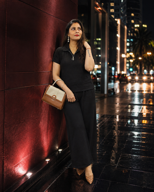 Black Textured Co-Ord Set for Women | Collared Top & Wide-Leg Pants