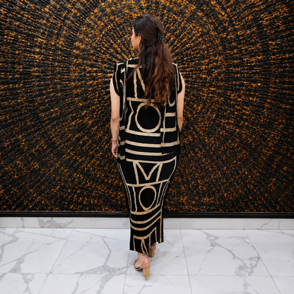 Black & Beige Geometric Pattern Magic Dress With Scarf