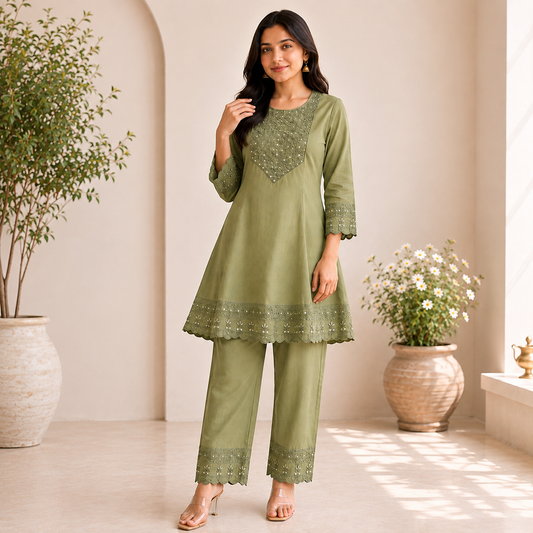 Olive Green Embroidered Co-Ord Set