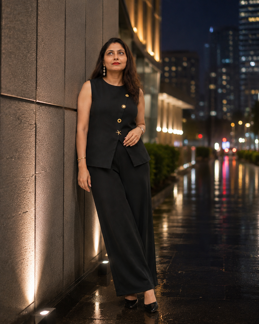 Black Tailored Co-Ord Set for Women with Waistcoat & Wide-Leg Pants