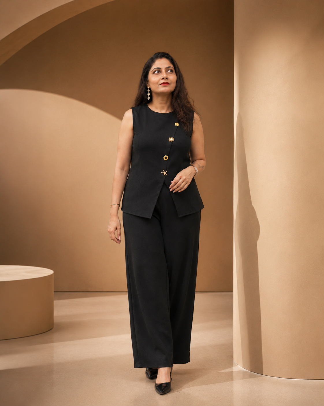 Black Tailored Co-Ord Set for Women with Waistcoat & Wide-Leg Pants