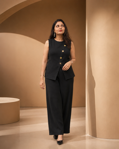 Black Tailored Co-Ord Set for Women with Waistcoat & Wide-Leg Pants