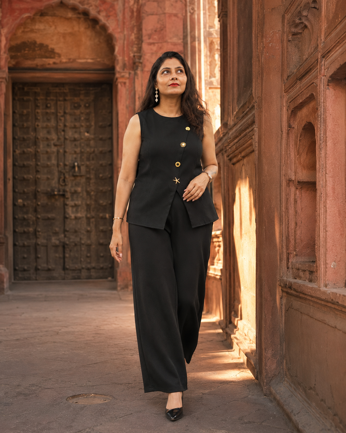 Black Tailored Co-Ord Set for Women with Waistcoat & Wide-Leg Pants