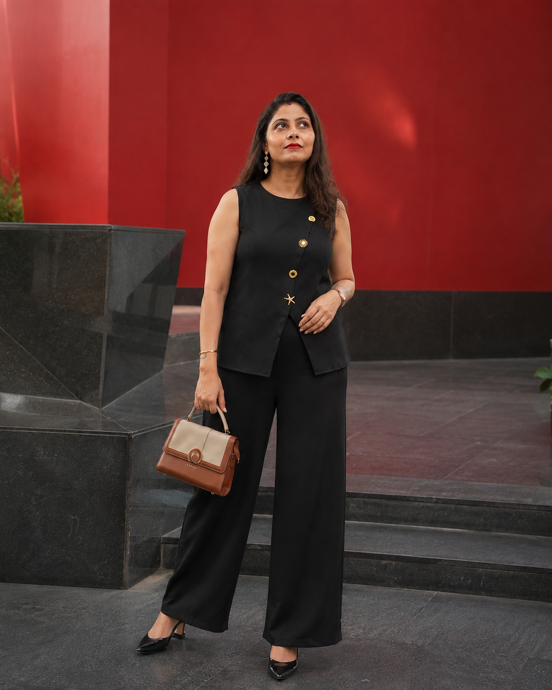 Black Tailored Co-Ord Set for Women with Waistcoat & Wide-Leg Pants