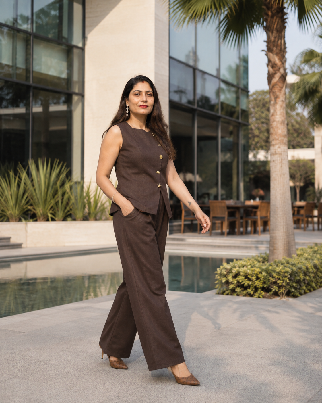 Chocolate Brown Tailored Co-Ord Set for Women with Waistcoat & Wide-Leg Pants