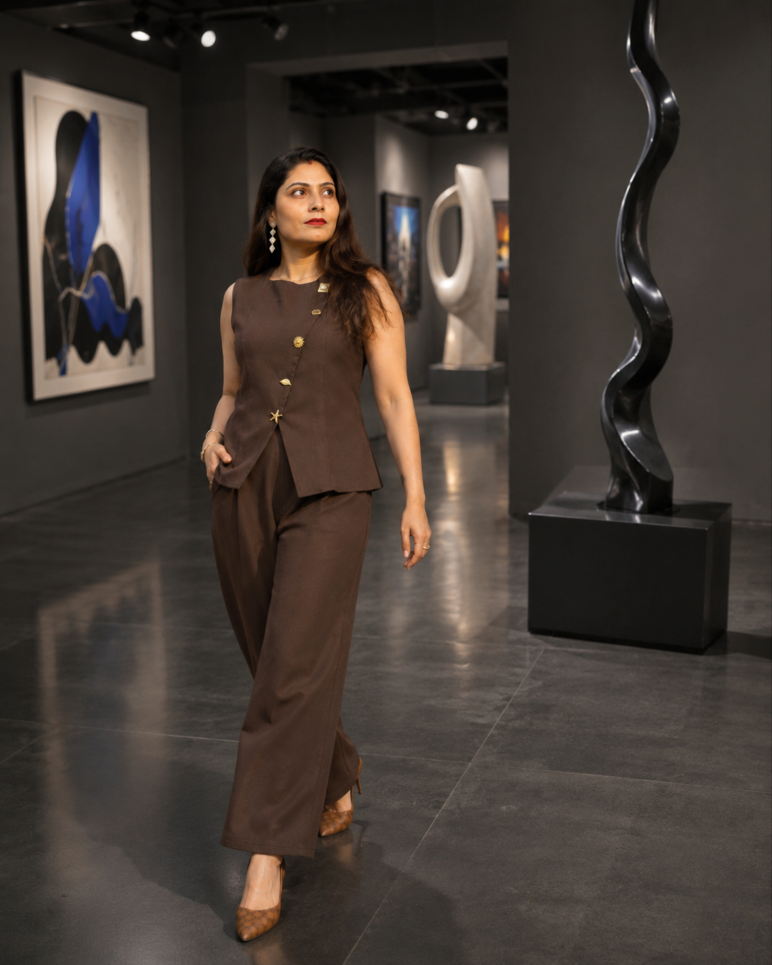 Chocolate Brown Tailored Co-Ord Set for Women with Waistcoat & Wide-Leg Pants