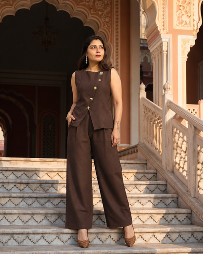 Chocolate Brown Tailored Co-Ord Set for Women with Waistcoat & Wide-Leg Pants