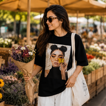 Butterfly Muse Black Oversized Graphic T-Shirt