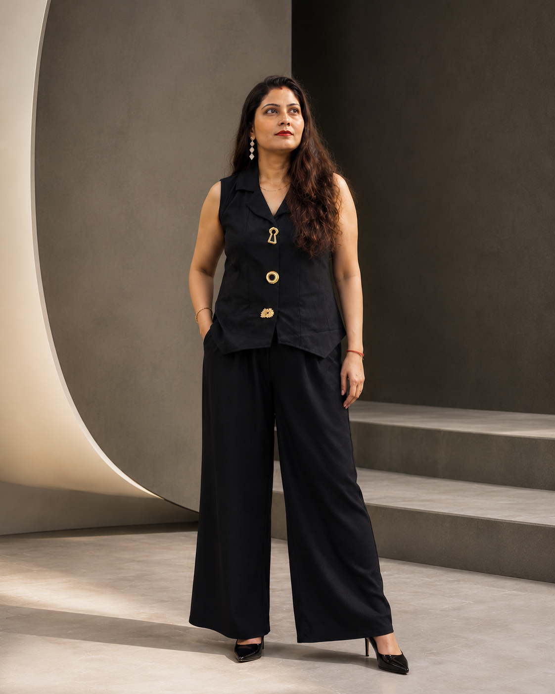 Black Collared Gold-Button Co-Ord Set with Wide-Leg Pants
