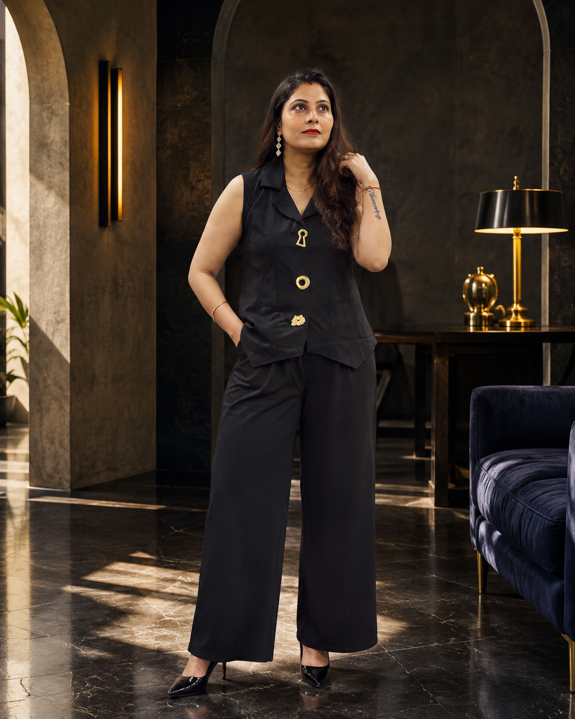 Black Collared Gold-Button Co-Ord Set with Wide-Leg Pants