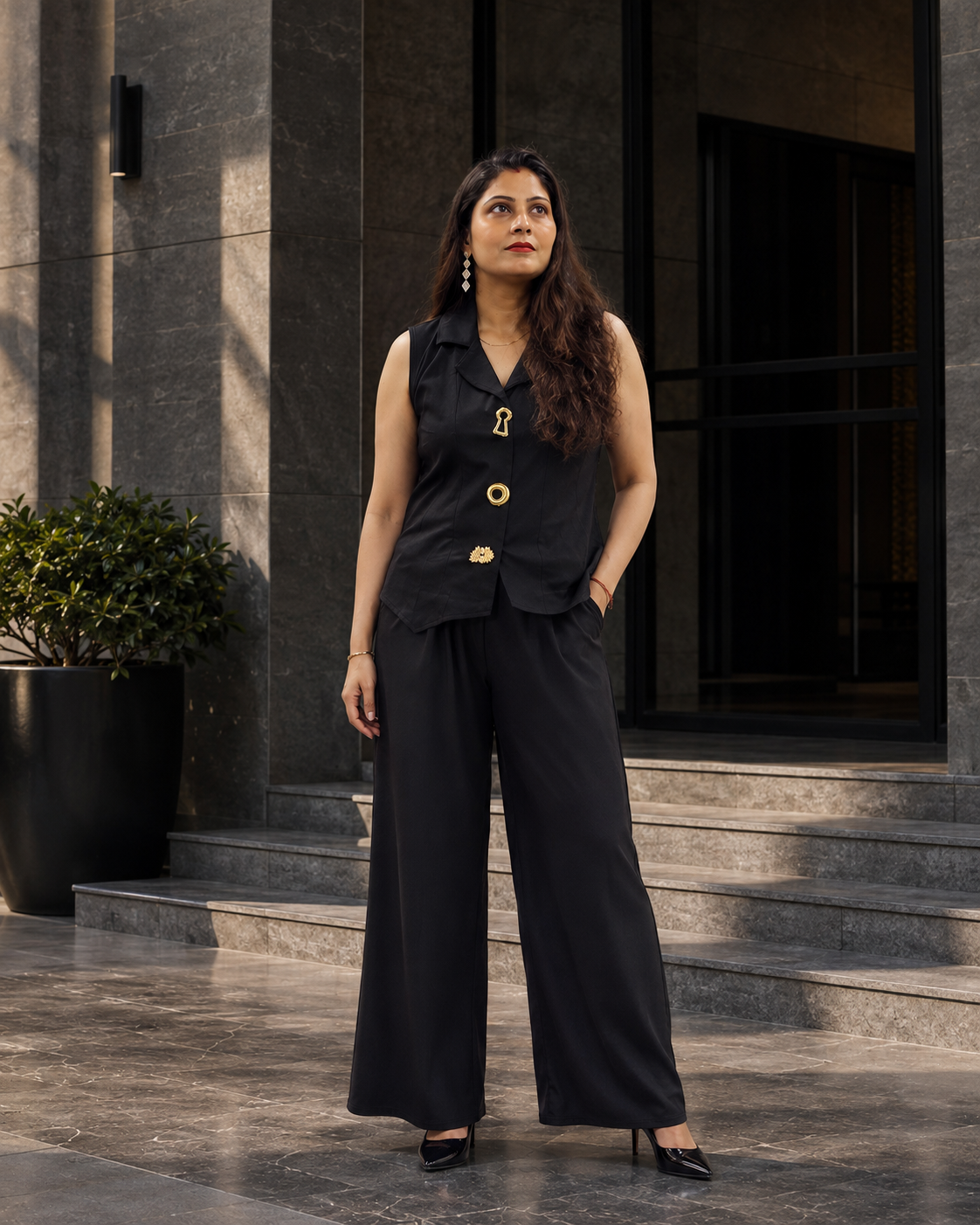 Black Collared Gold-Button Co-Ord Set with Wide-Leg Pants