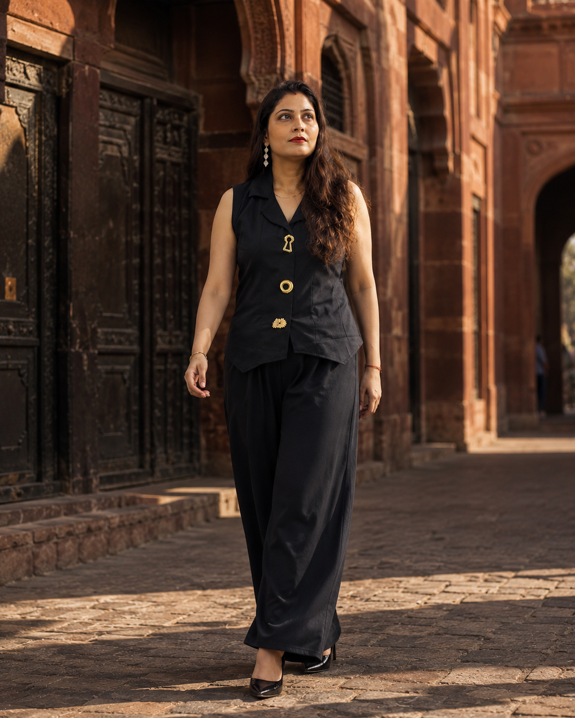 Black Collared Gold-Button Co-Ord Set with Wide-Leg Pants