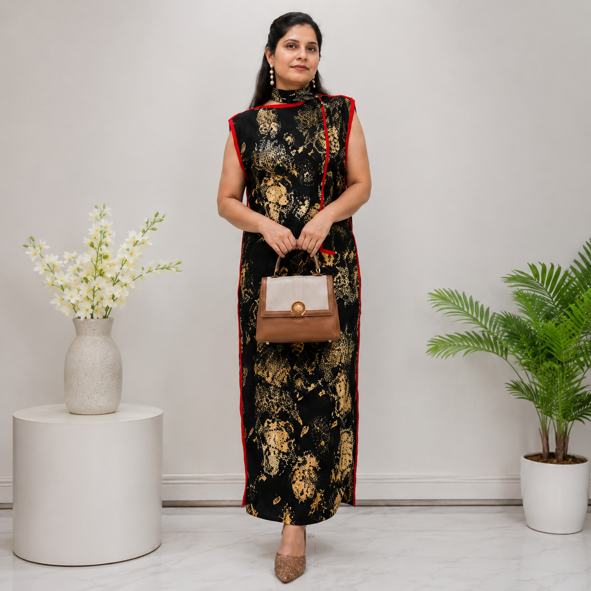 Black Cheongsam Style Magic Dress with Scarf