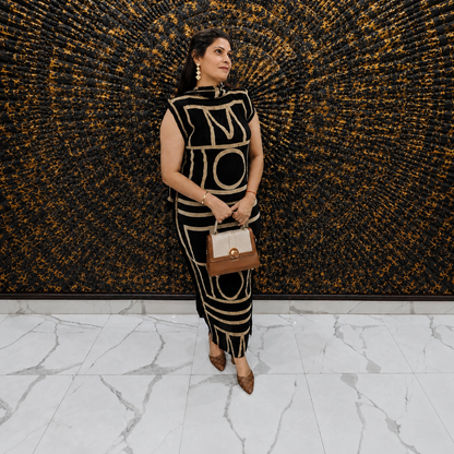 Black & Beige Geometric Pattern Magic Dress With Scarf